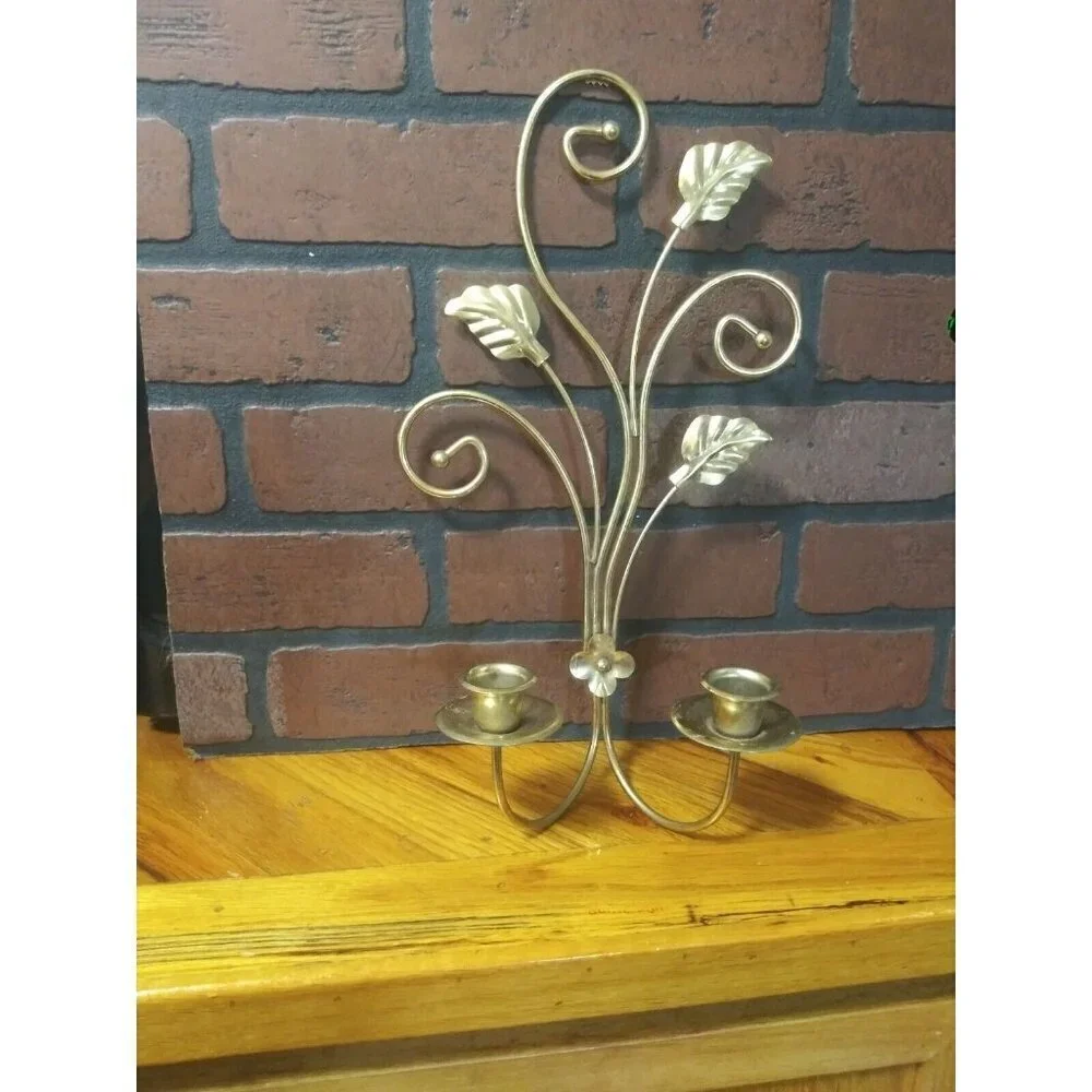 Vtg Homco Brass Sconce candle holder double Leaf & Scroll w/patina Gold tone EUC